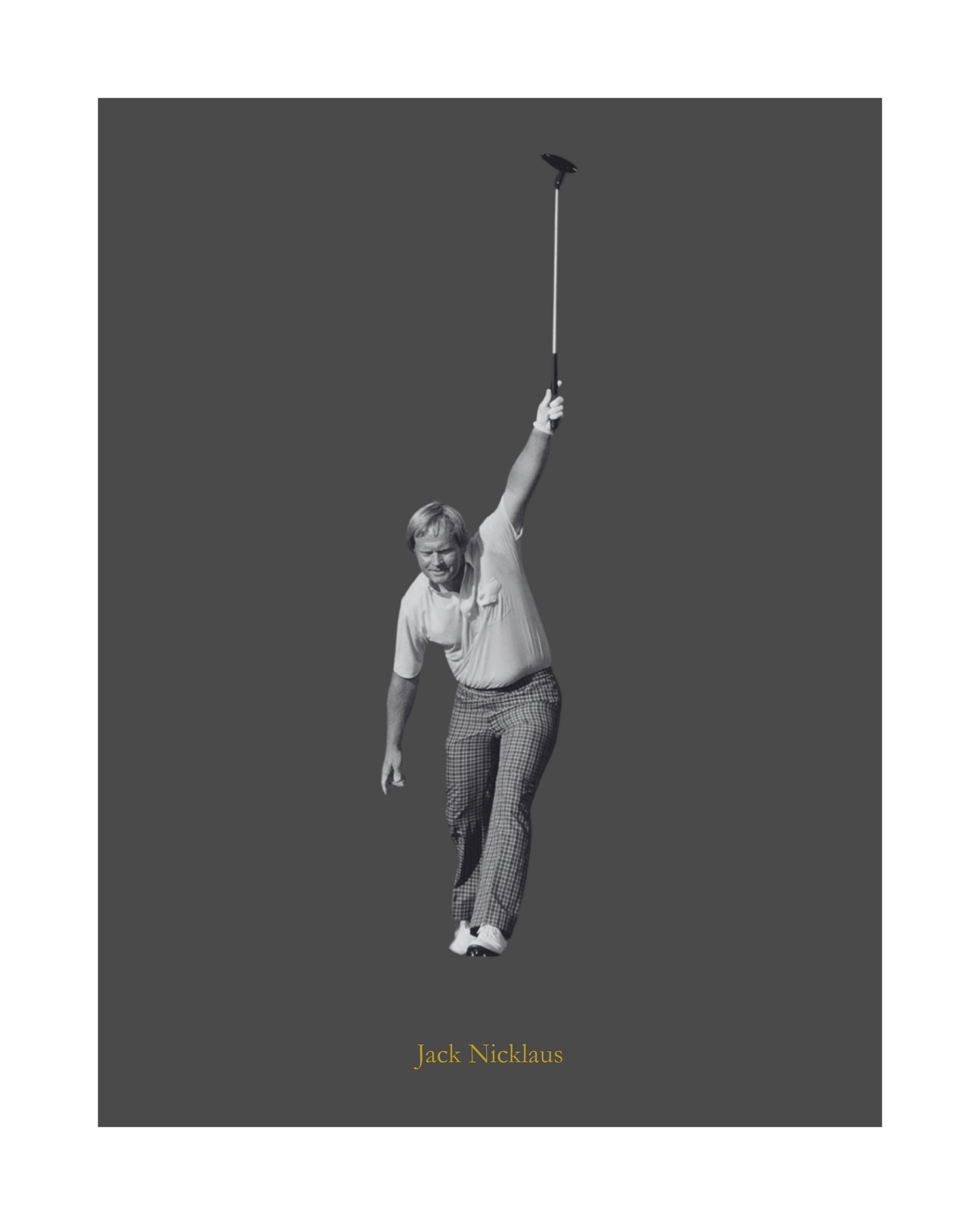 Black and white image of Jack Nicklaus celebrating with a golf club on a dark background, featuring the name 'Jack Nicklaus'.