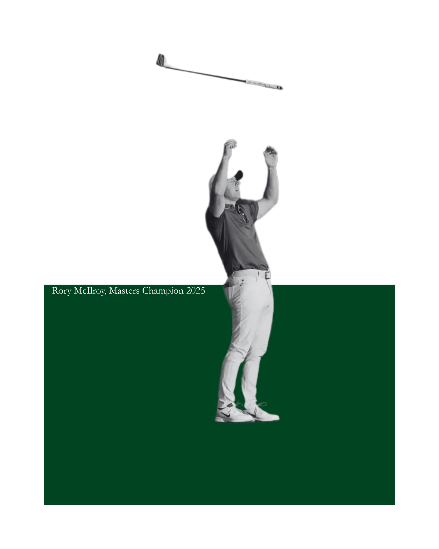 Rory McIlroy in action with a green background and text indicating a Masters Champion title.