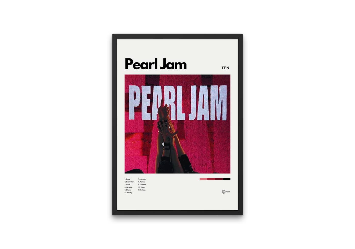 Framed poster of Pearl Jam album cover with a stylized guitar and text on a white background