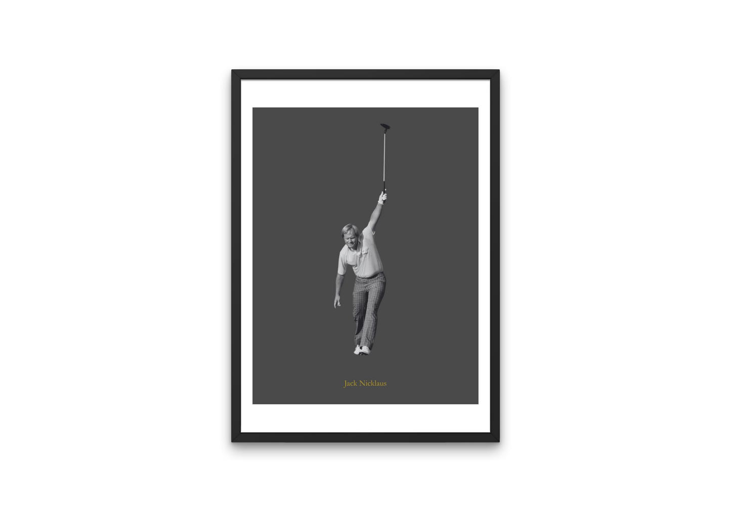 Framed black and white poster of Jack Nicklaus on a dark gray background