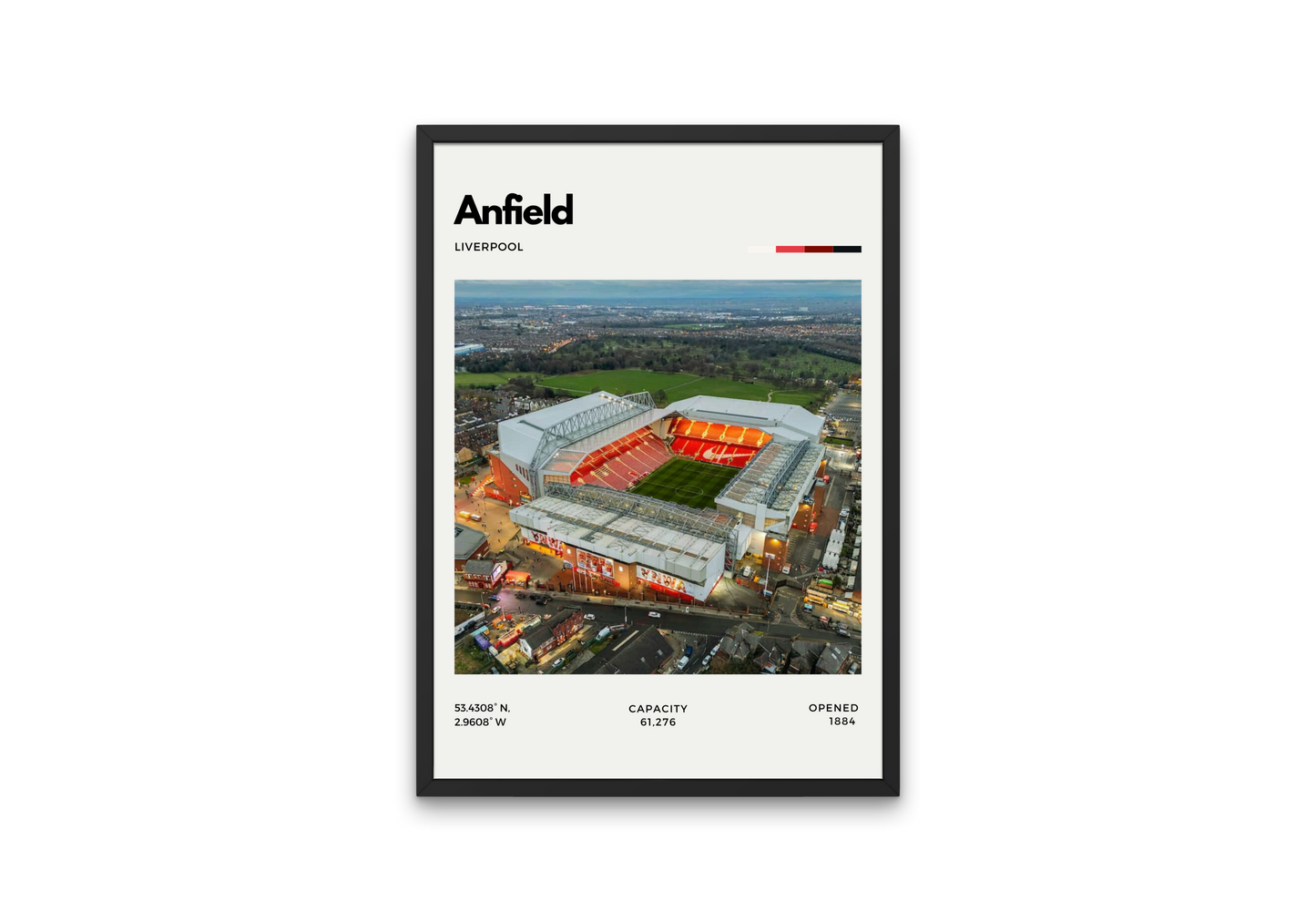 Poster of Anfield Stadium in Liverpool, home of Liverpool FC, featuring a modern aerial view of the pitch with red and white minimalist design elements.