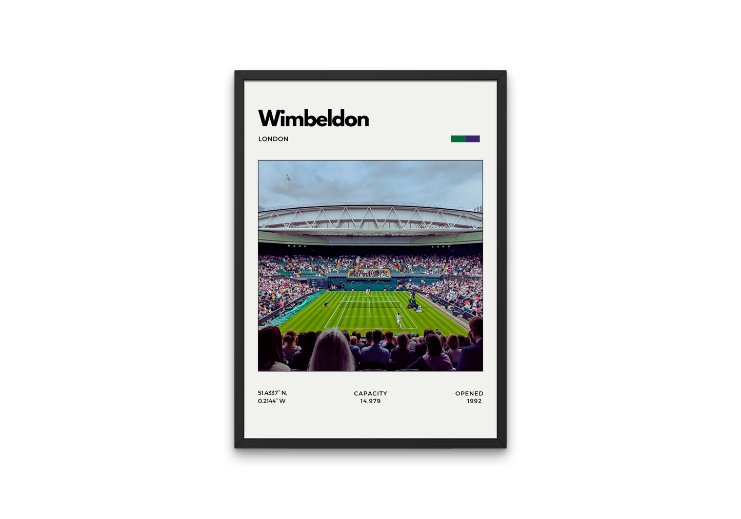 Framed poster of Wimbledon stadium with crowd and tennis court.