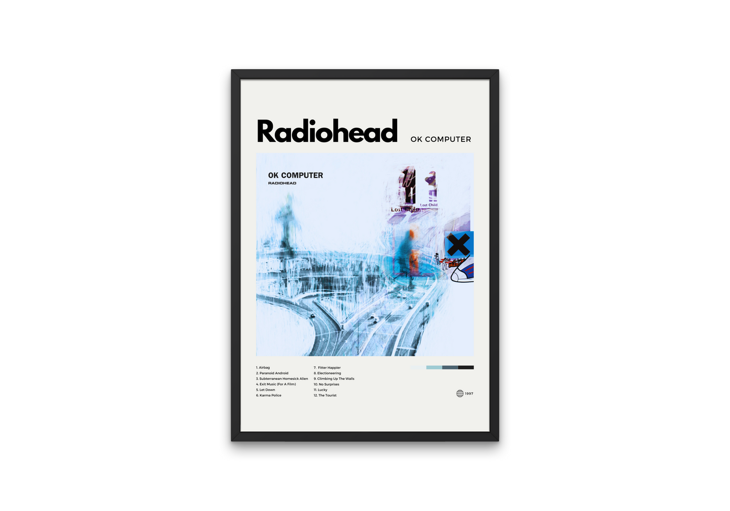 Framed poster of Radiohead's 'OK Computer' album cover on a white background