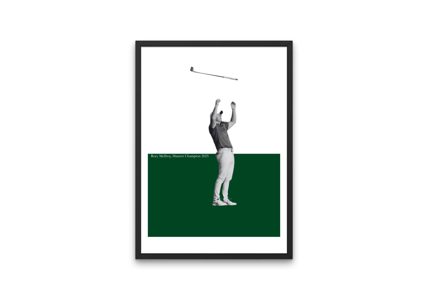 Framed poster of a Rory McIlroy on a green background with a white border