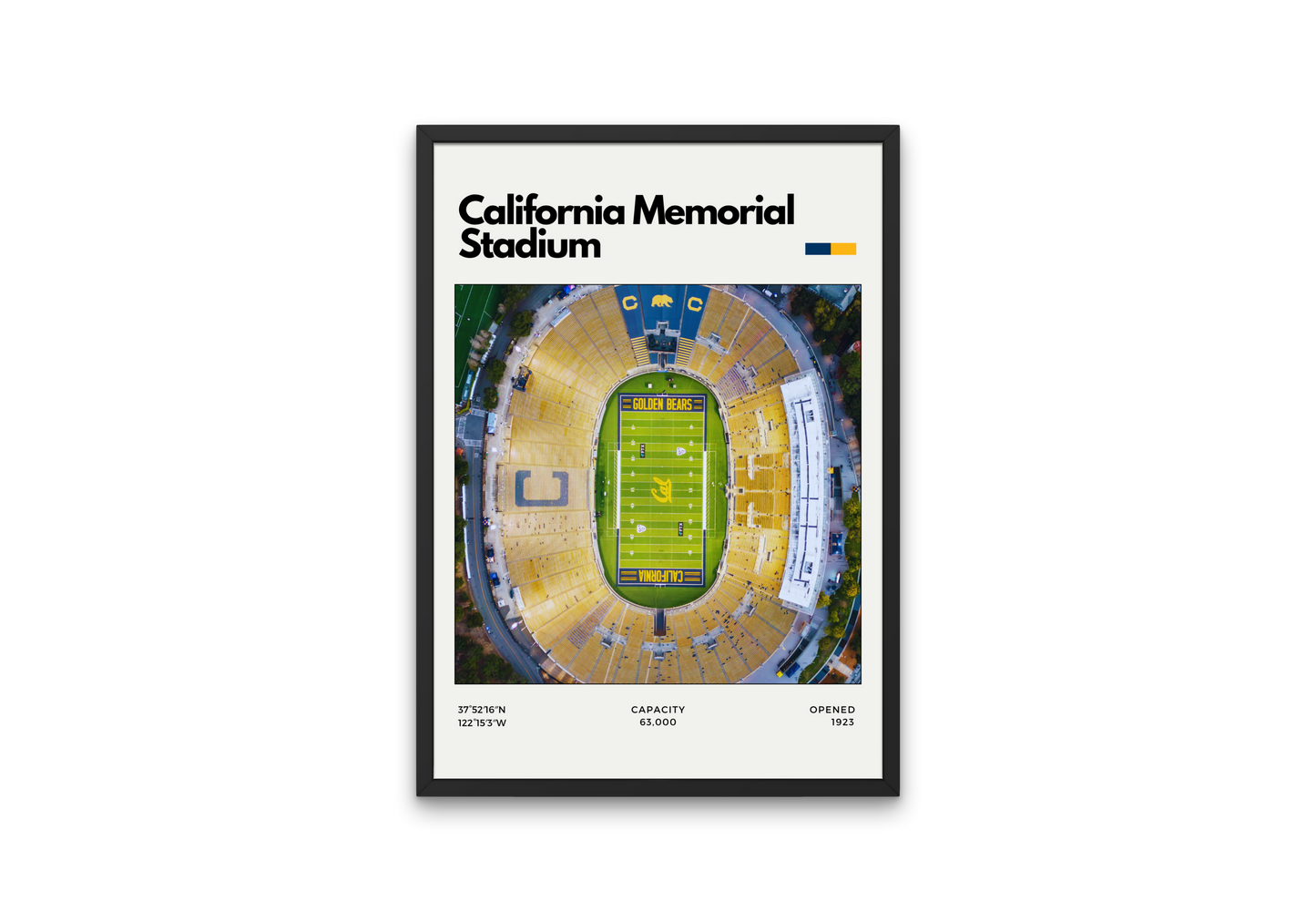 Framed poster of California Memorial Stadium with aerial view and stadium details.