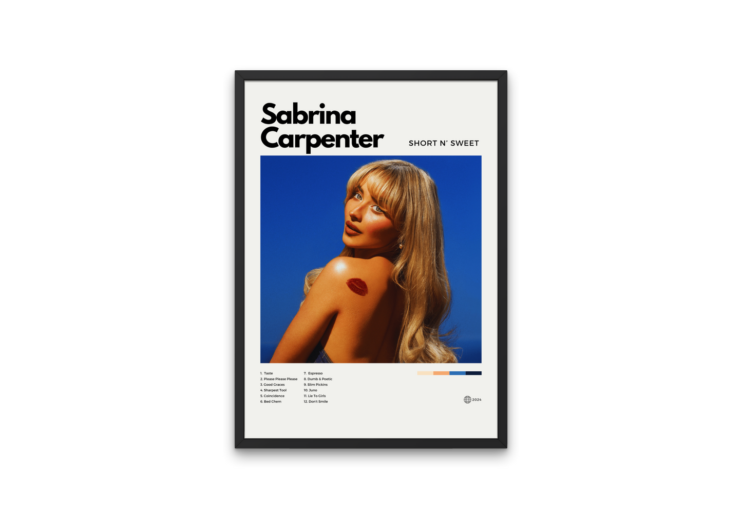 Framed poster of Sabrina Carpenter with a blue background and text.