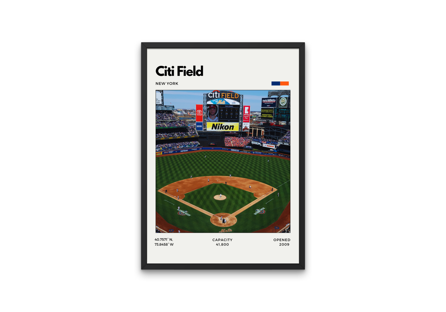Framed poster of Citi Field with a baseball field layout and stadium details.