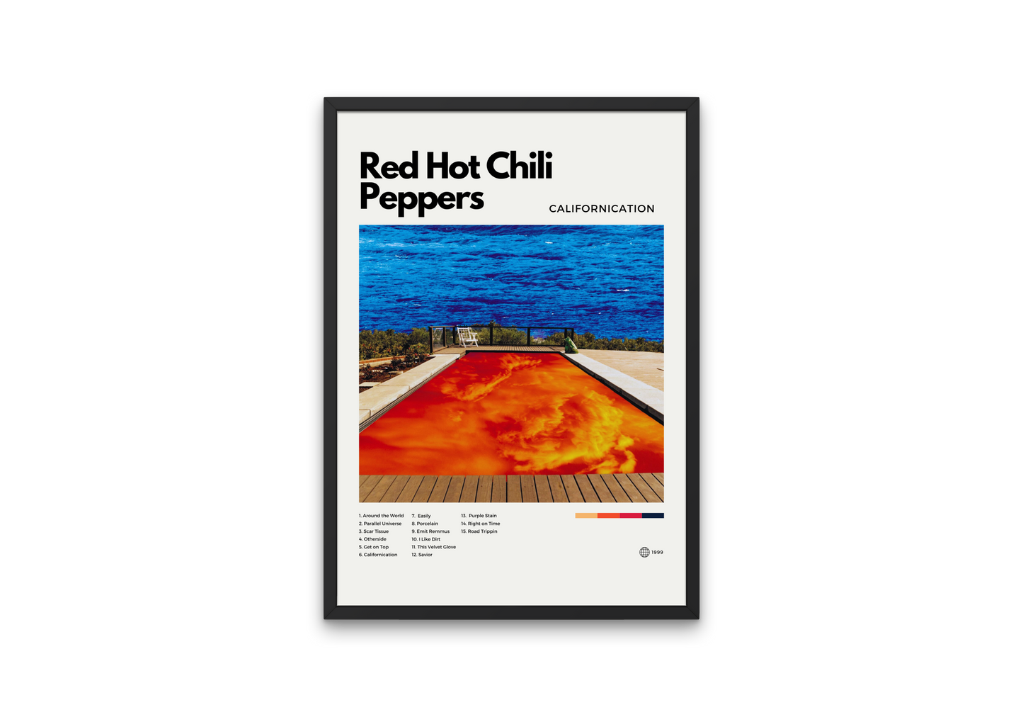 Framed poster of Red Hot Chili Peppers' 'California' album cover with a pool and ocean view.