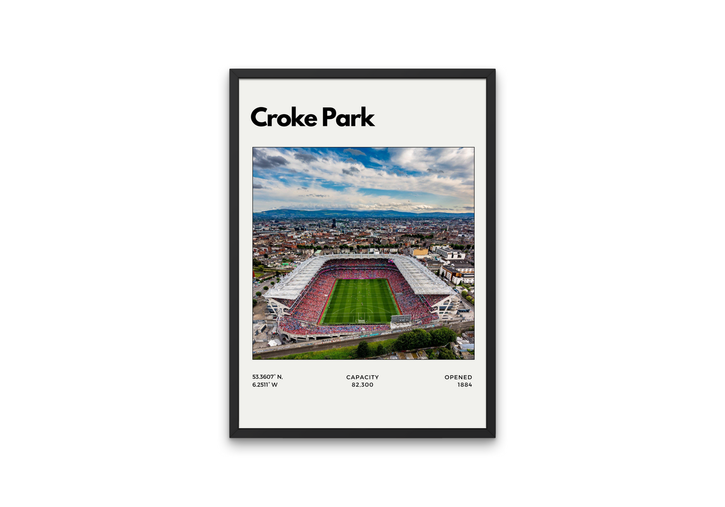Framed poster of Croke Park stadium with a scenic view and text details.