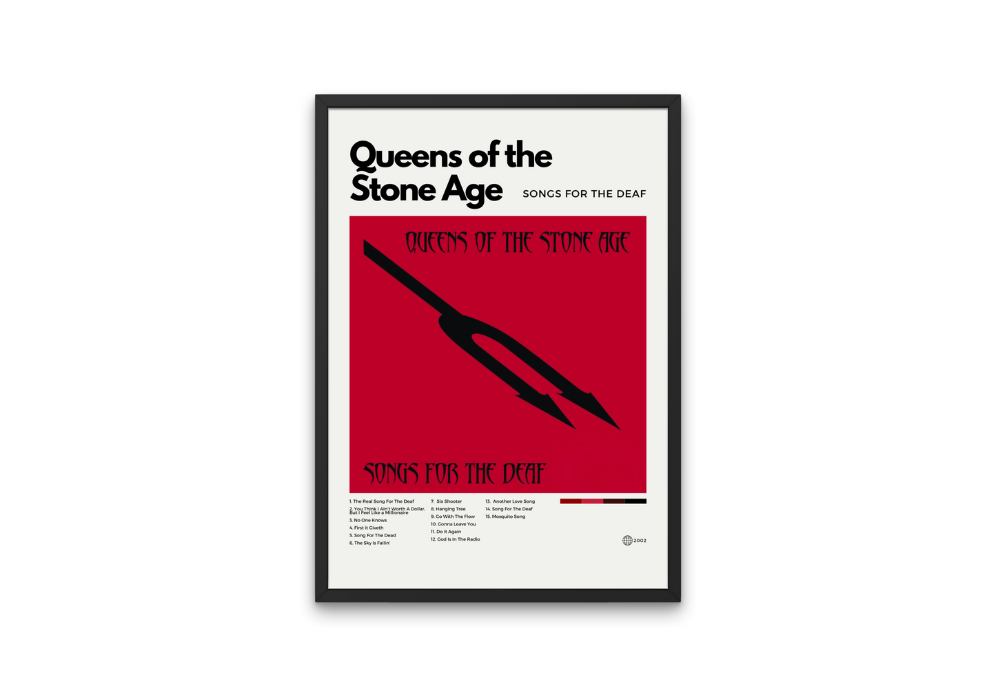 Framed poster of Queens of the Stone Age album 'Songs for the Deaf' on a white background