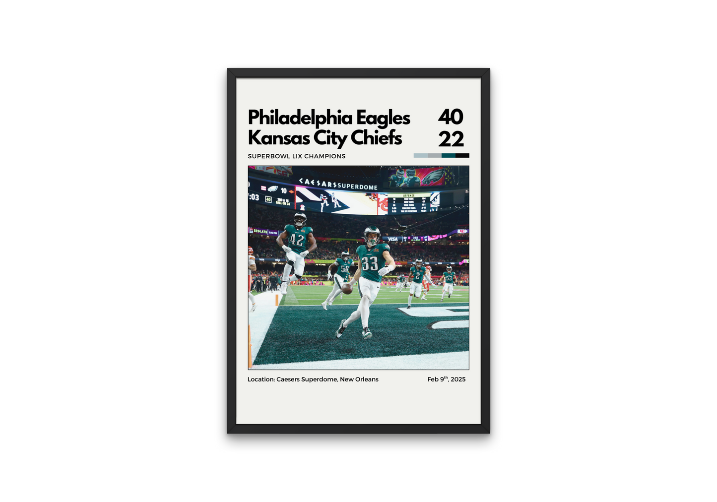 Framed sports poster of Philadelphia Eagles vs Kansas City Chiefs game, showing players on the field.