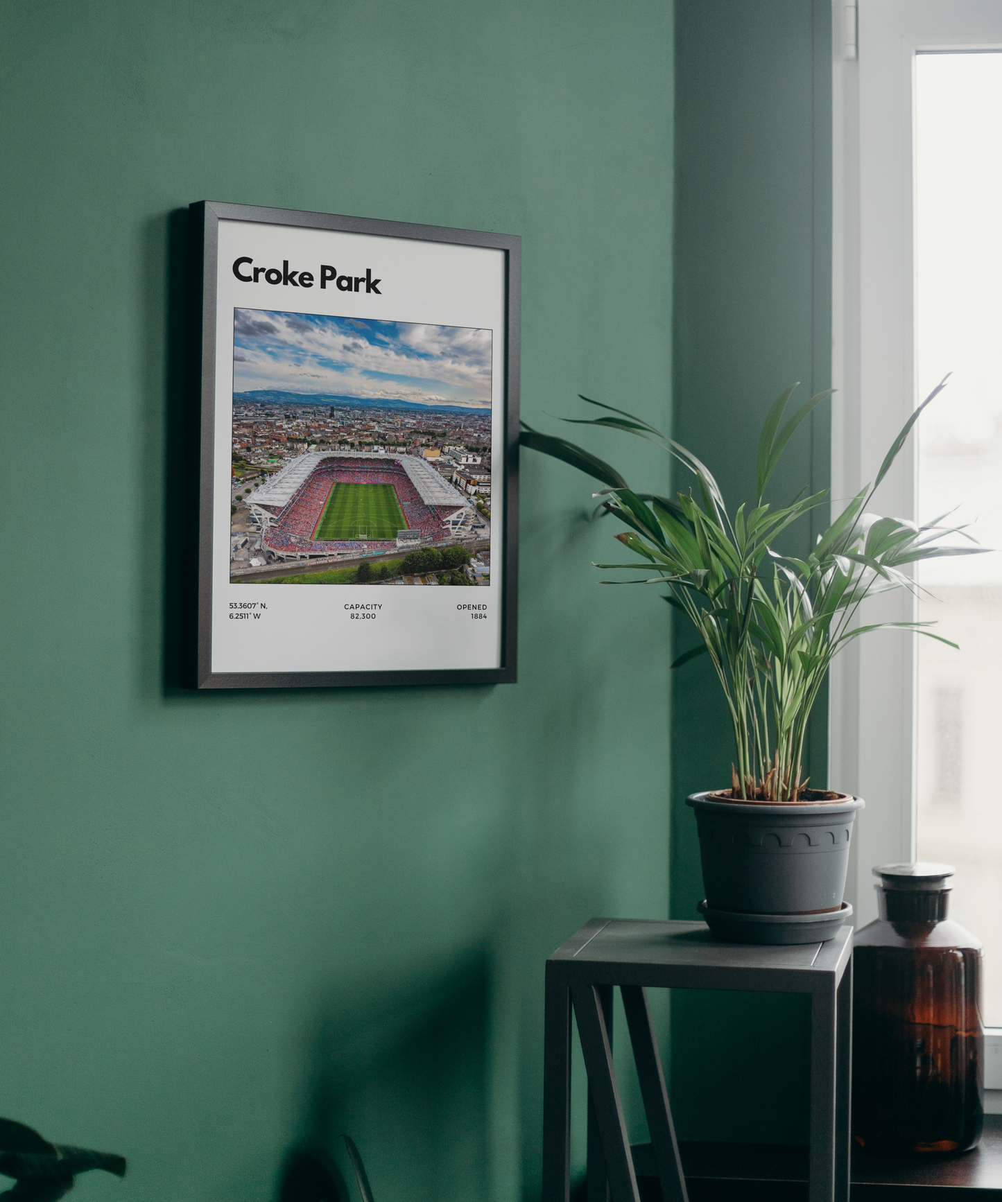 Framed poster of Croke Park on a green wall with a plant and bottle in the foreground.