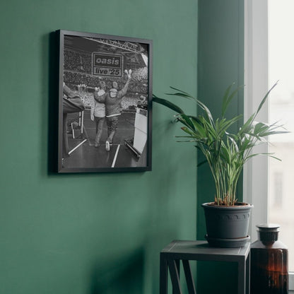Framed black and white photo of a oasis live 25 on a green wall with a plant and vase on a table.