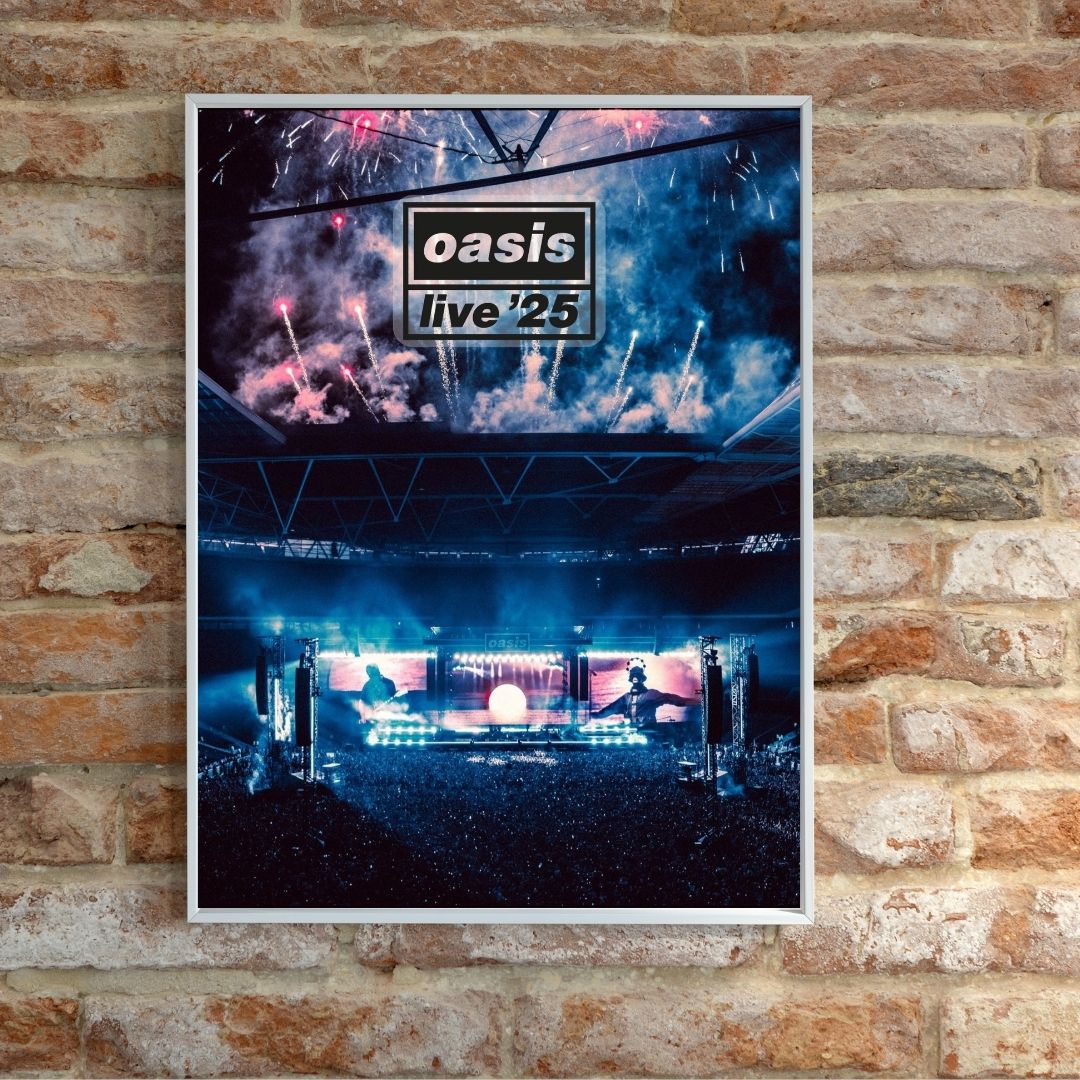 Framed poster of a concert with 'oasis live '25' text on a brick wall.