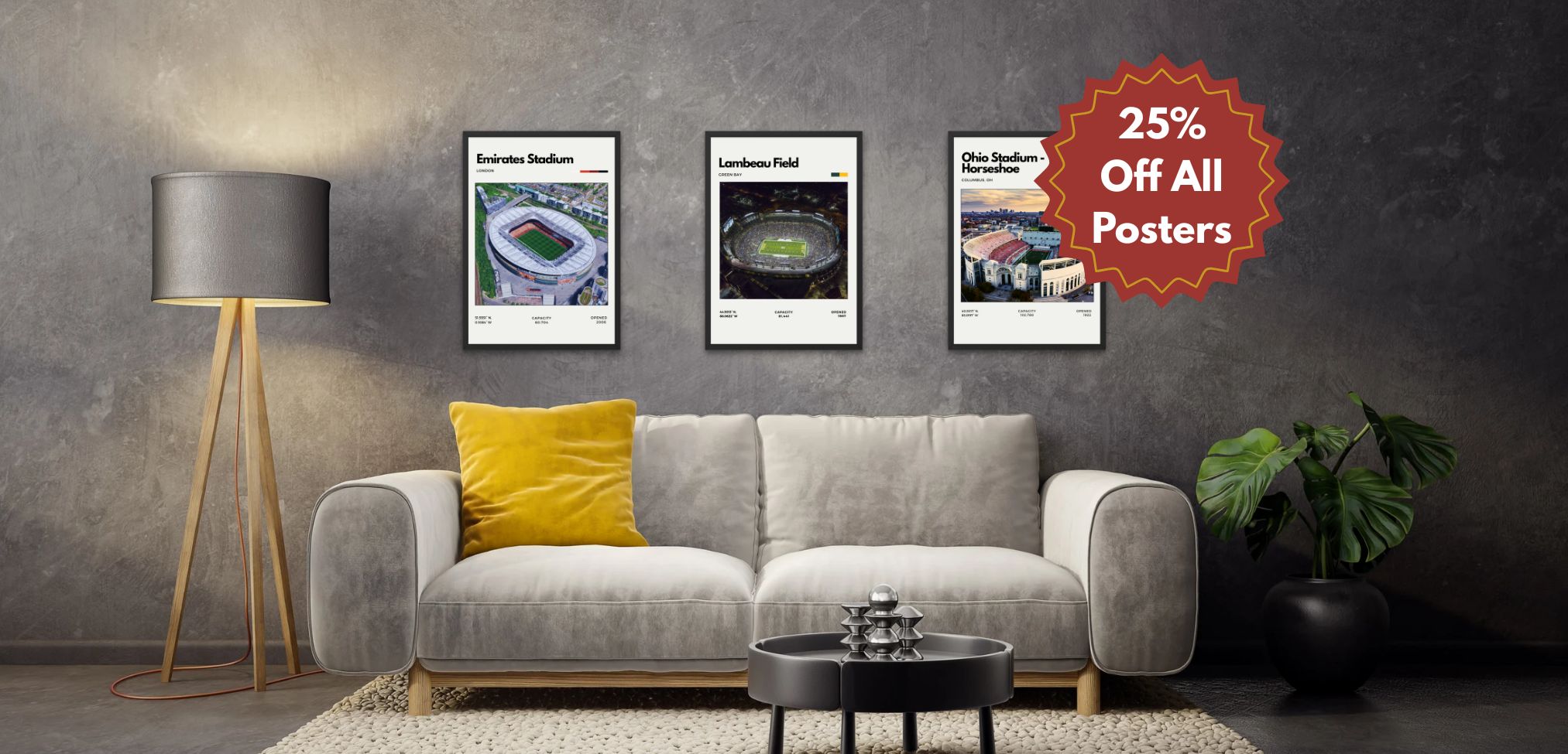 Sports Posters Hanging on a wall in a living room. Call out for 25% discount.