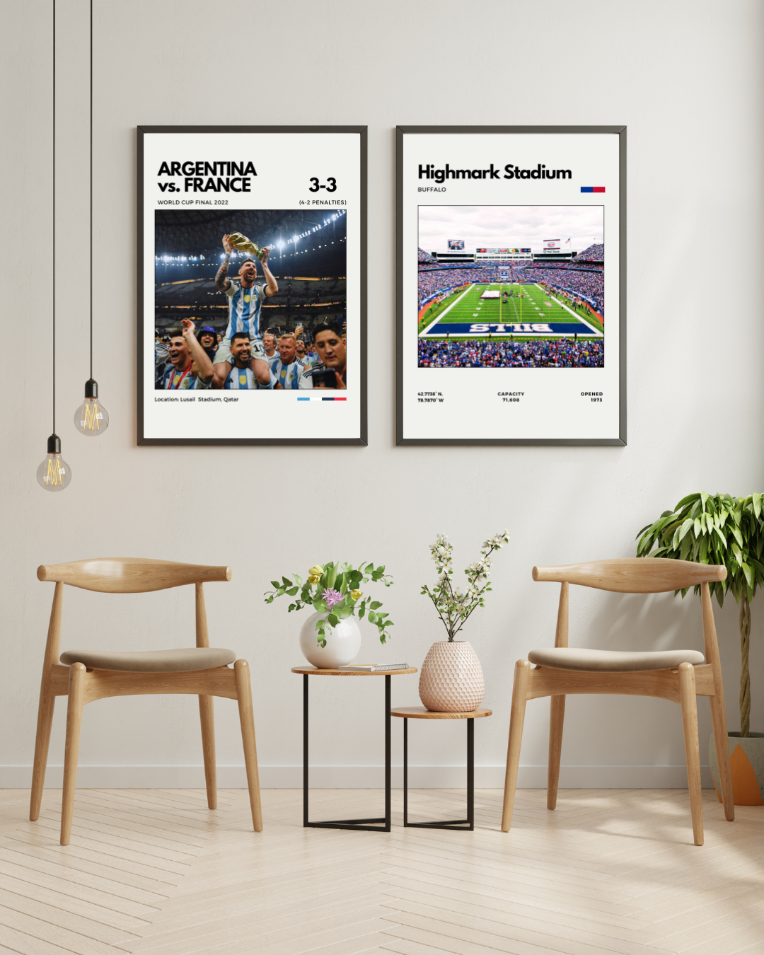 Two framed pictures on a wall above a seating area with chairs and a small table.
