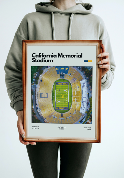 Person holding a framed poster of California Memorial Stadium