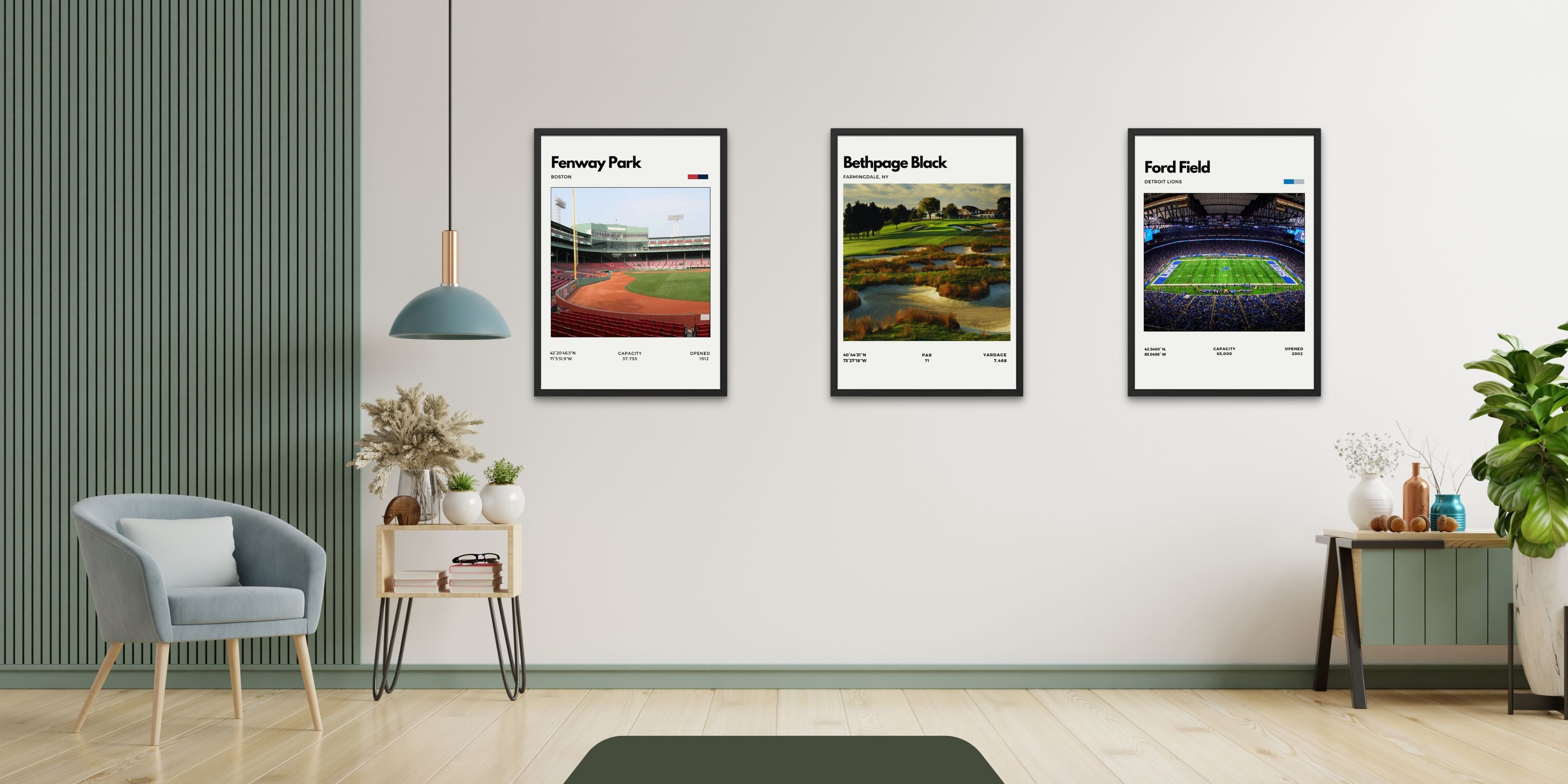 Three framed sports poster in an office space