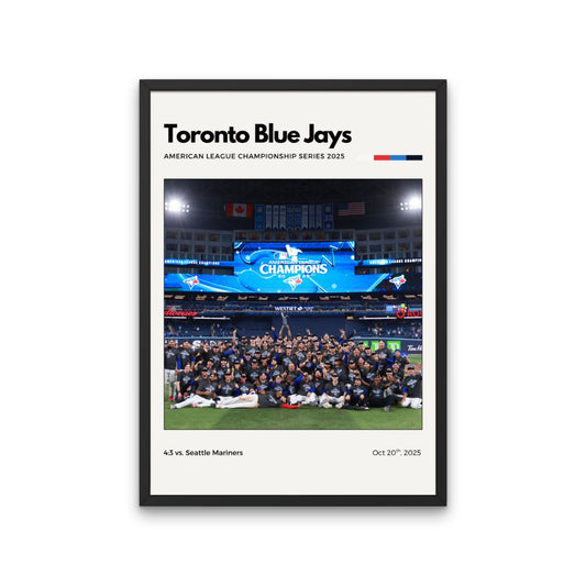 Framed poster of Toronto Blue Jays celebrating a championship win at a stadium.