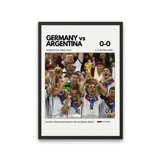 Framed poster of Germany vs Argentina World Cup final match with celebratory image and trophy.
