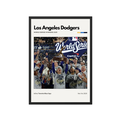 Framed poster of Los Angeles Dodgers World Series winners with a black border.
