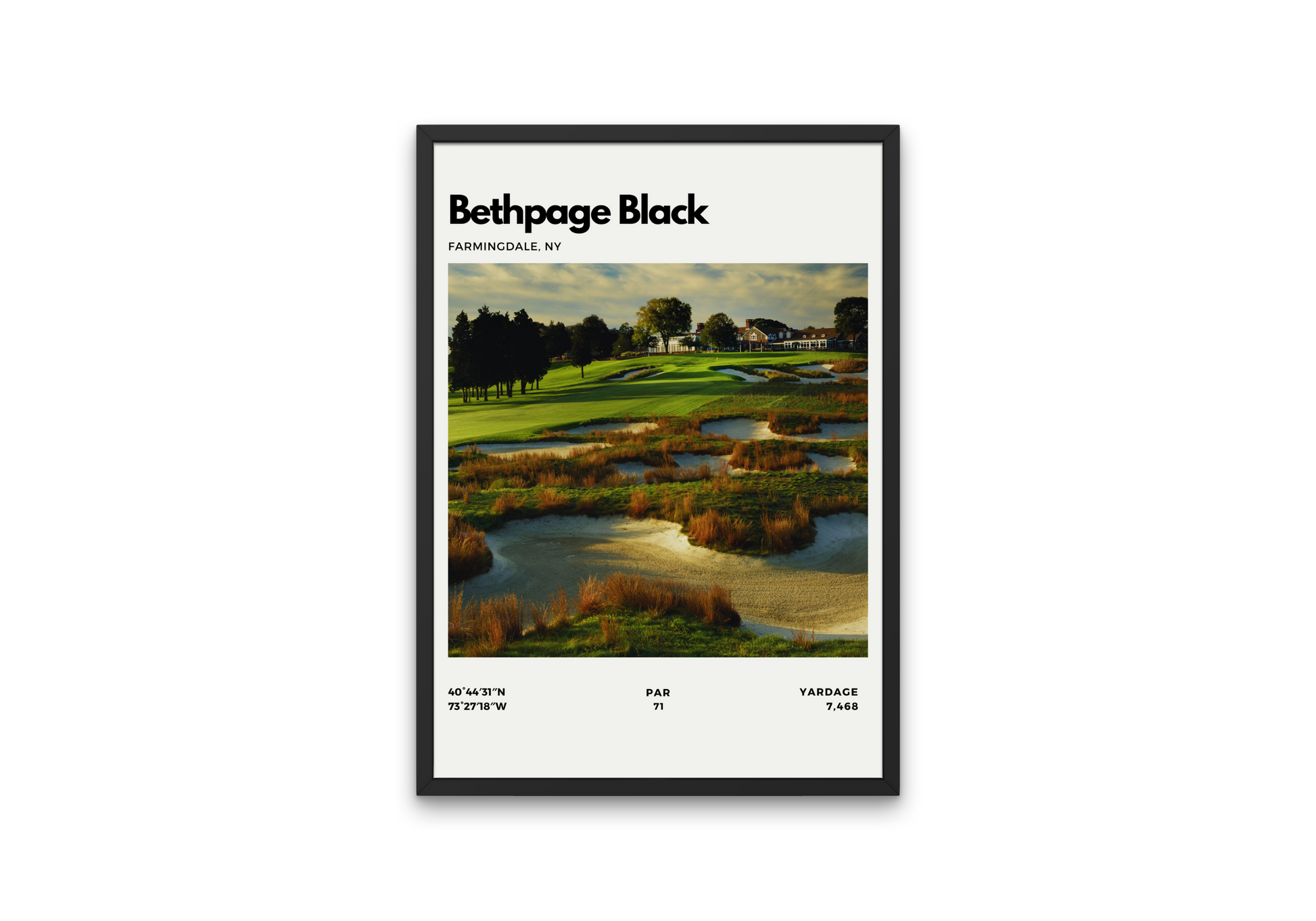 Framed poster of Bethpage Black golf course with scenic view and text details.