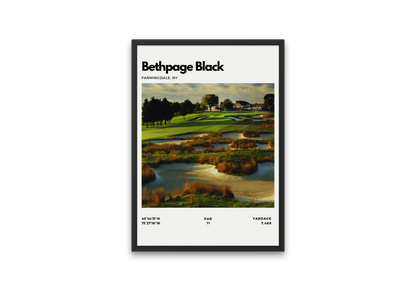 Framed poster of Bethpage Black golf course with scenic view and text details.