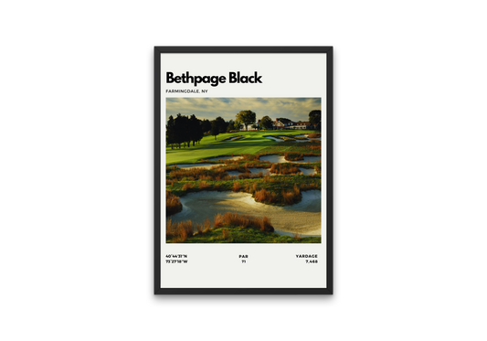 Framed poster of Bethpage Black golf course with scenic view and text details.
