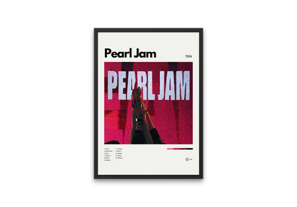 Framed poster of Pearl Jam album cover with a stylized guitar and text on a white background