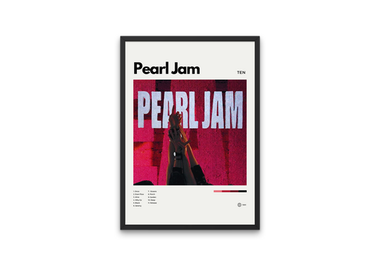 Framed poster of Pearl Jam album cover with a stylized guitar and text on a white background