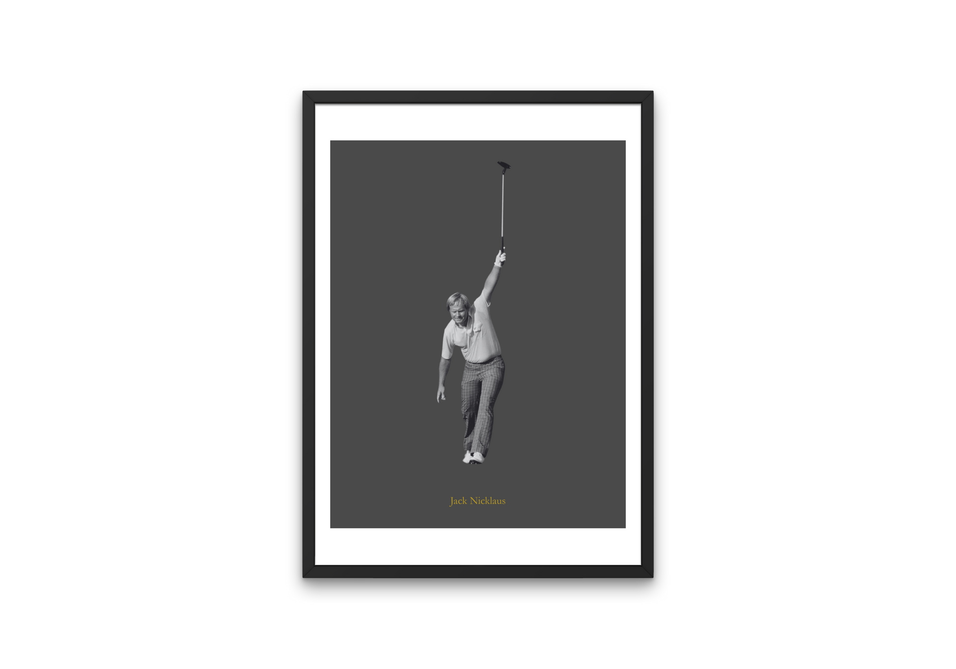 Framed black and white poster of Jack Nicklaus on a dark gray background