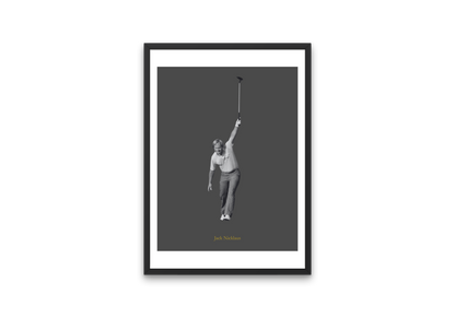 Framed black and white poster of Jack Nicklaus on a dark gray background