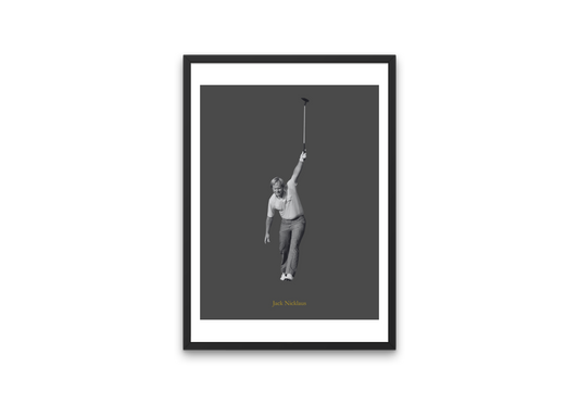 Framed black and white poster of Jack Nicklaus on a dark gray background