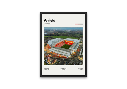 Poster of Anfield Stadium in Liverpool, home of Liverpool FC, featuring a modern aerial view of the pitch with red and white minimalist design elements.