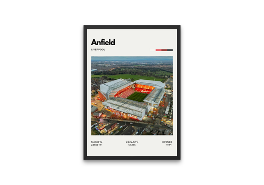 Poster of Anfield Stadium in Liverpool, home of Liverpool FC, featuring a modern aerial view of the pitch with red and white minimalist design elements.