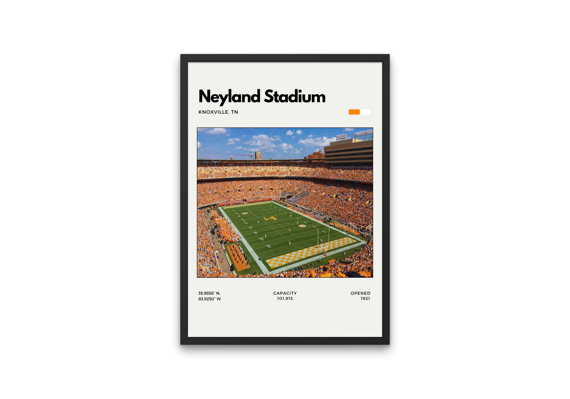 Framed poster of Neyland Stadium with a view of the football field and stands.