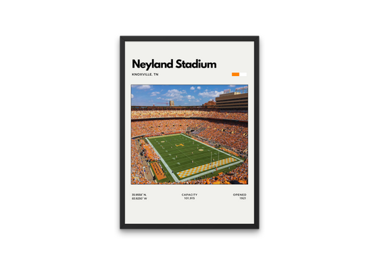 Framed poster of Neyland Stadium with a view of the football field and stands.