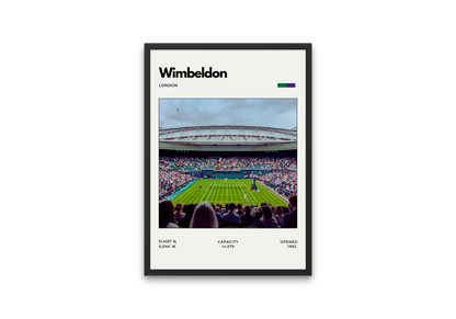 Framed poster of Wimbledon stadium with crowd and tennis court.