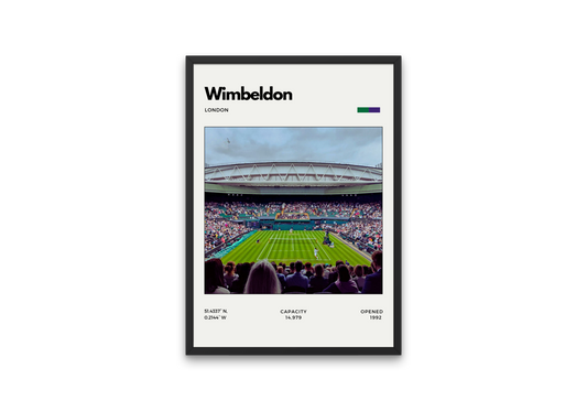 Framed poster of Wimbledon stadium with crowd and tennis court.