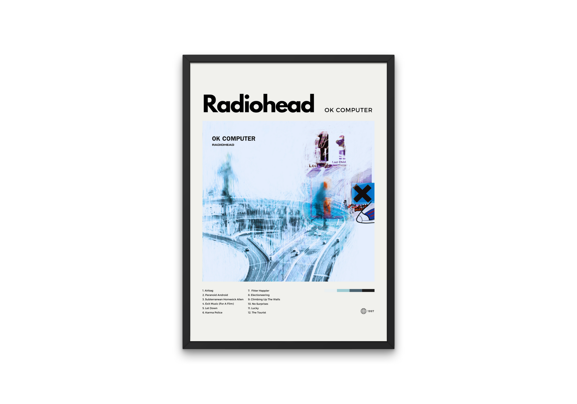 Framed poster of Radiohead's 'OK Computer' album cover on a white background