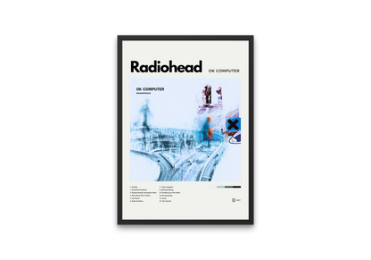 Framed poster of Radiohead's 'OK Computer' album cover on a white background