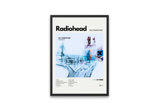 Framed poster of Radiohead's 'OK Computer' album cover on a white background