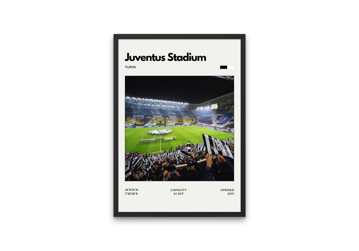 Framed poster of Juventus Stadium with a soccer match scene.