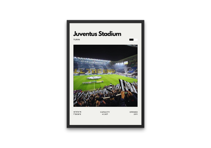 Framed poster of Juventus Stadium with a soccer match scene.
