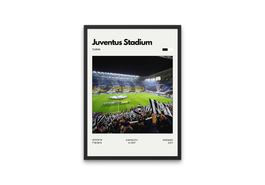Framed poster of Juventus Stadium with a soccer match scene.