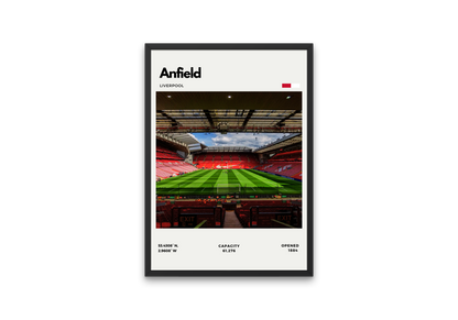 Framed poster of Anfield stadium with a view of the pitch and seating area.