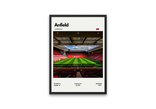 Framed poster of Anfield stadium with a view of the pitch and seating area.