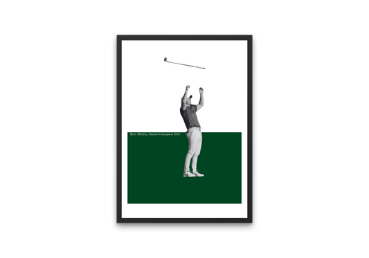 Framed poster of a Rory McIlroy on a green background with a white border