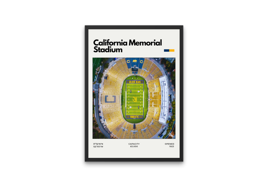 Framed poster of California Memorial Stadium with aerial view and stadium details.