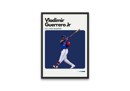 Framed poster of Vladimir Guerrero Jr. in a blue uniform with bat on a white background